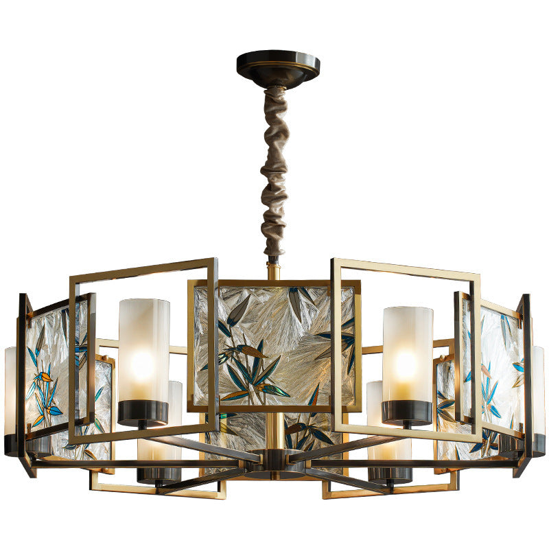 Traditional Chinese Dome Block Enamel Iron Copper Glass 6-Light Chandelier Dining Room Fixture