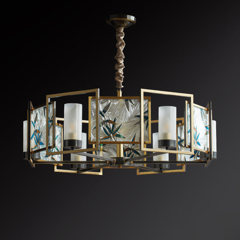 Traditional Chinese Dome Block Enamel Iron Copper Glass 6-Light Chandelier Dining Room Fixture
