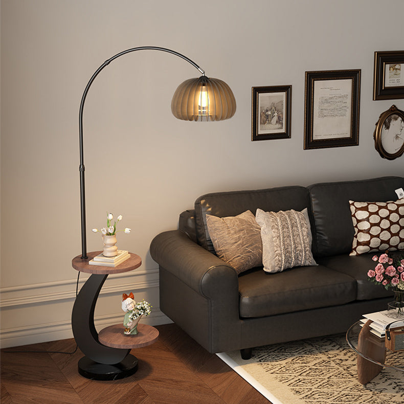 Contemporary Nordic Pumpkin Wood Lampshade Floor Lamp - Iron 1-Light for Living Room