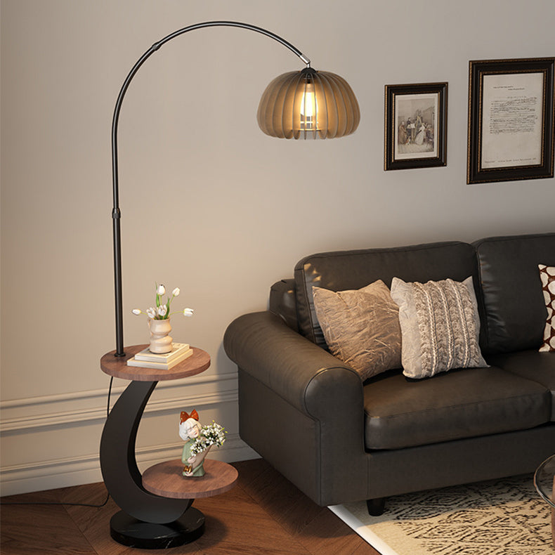 Contemporary Nordic Pumpkin Wood Lampshade Floor Lamp - Iron 1-Light for Living Room