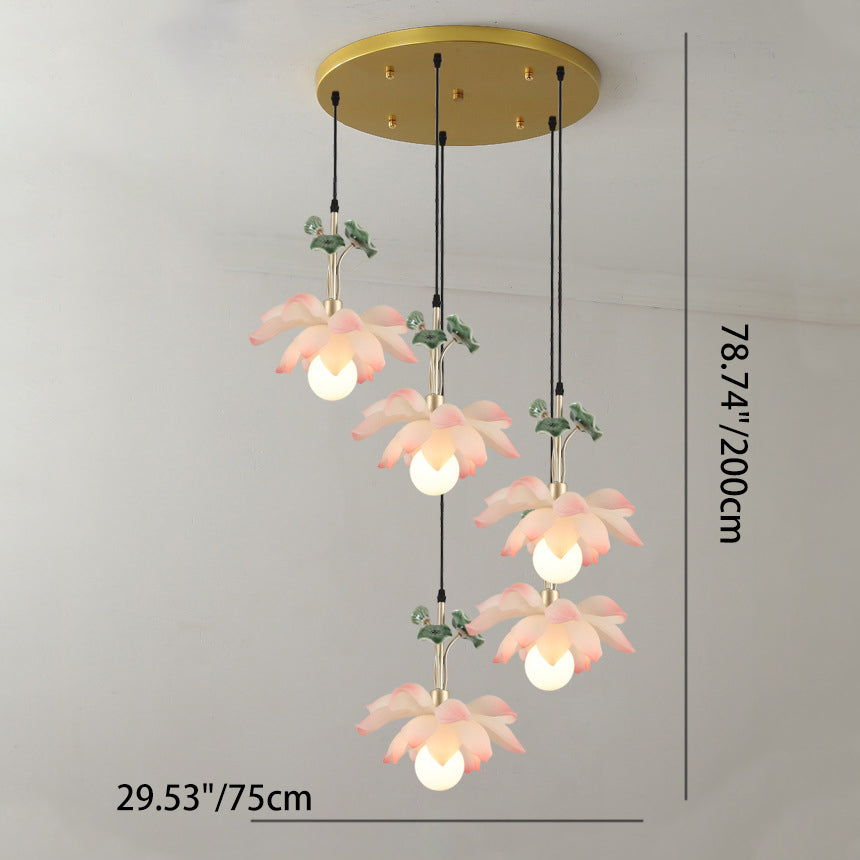 Traditional Chinese Lotus Orb Light Chandelier - Iron Resin Ceramics for Dining Room