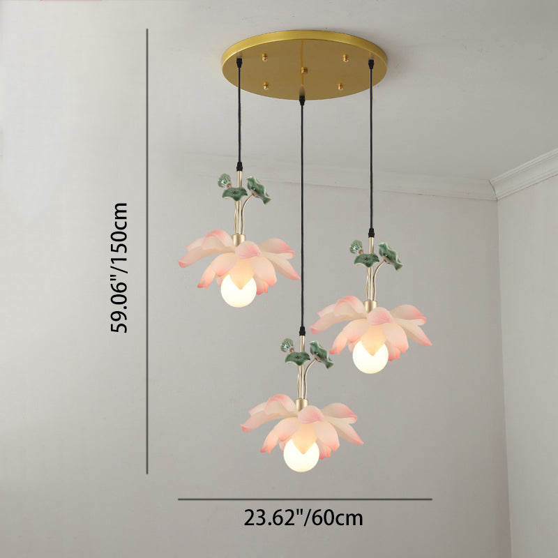 Traditional Chinese Lotus Orb Light Chandelier - Iron Resin Ceramics for Dining Room