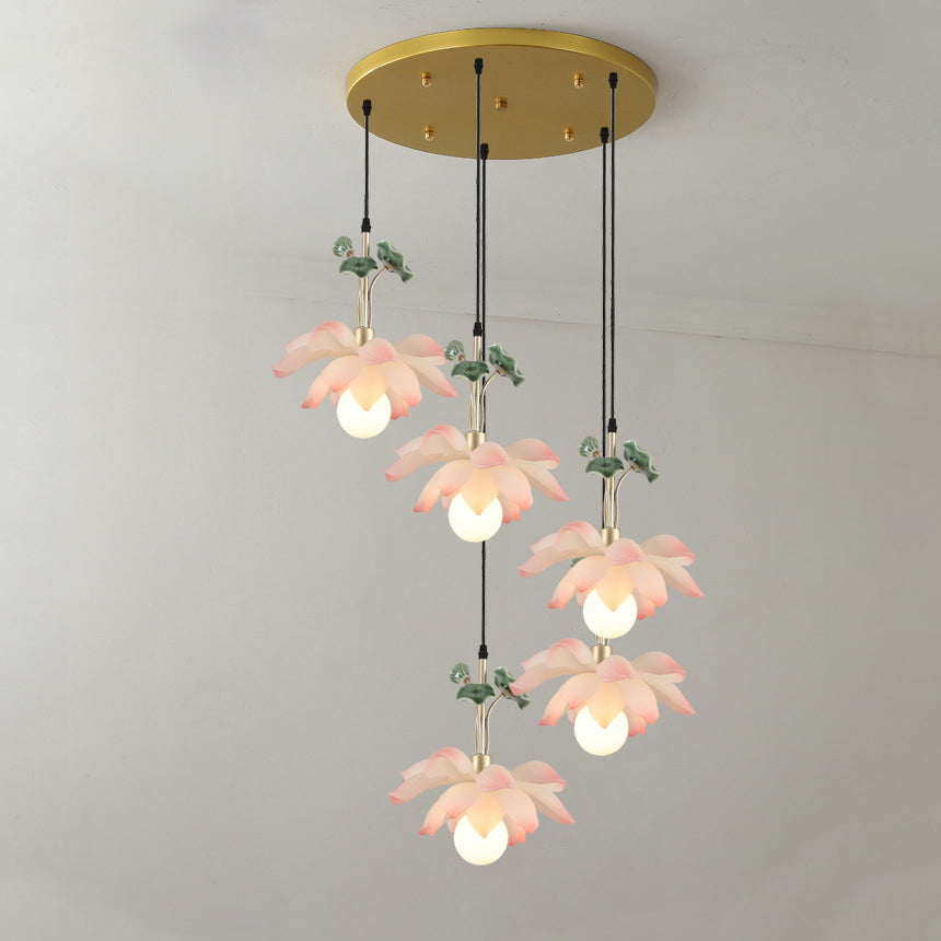 Traditional Chinese Lotus Orb Light Chandelier - Iron Resin Ceramics for Dining Room
