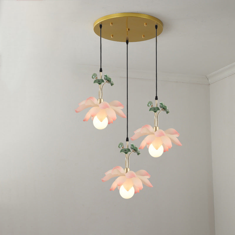 Traditional Chinese Lotus Orb Light Chandelier - Iron Resin Ceramics for Dining Room