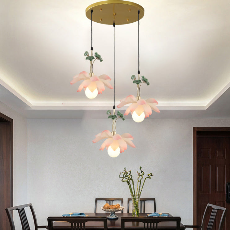 Traditional Chinese Lotus Orb Light Chandelier - Iron Resin Ceramics for Dining Room