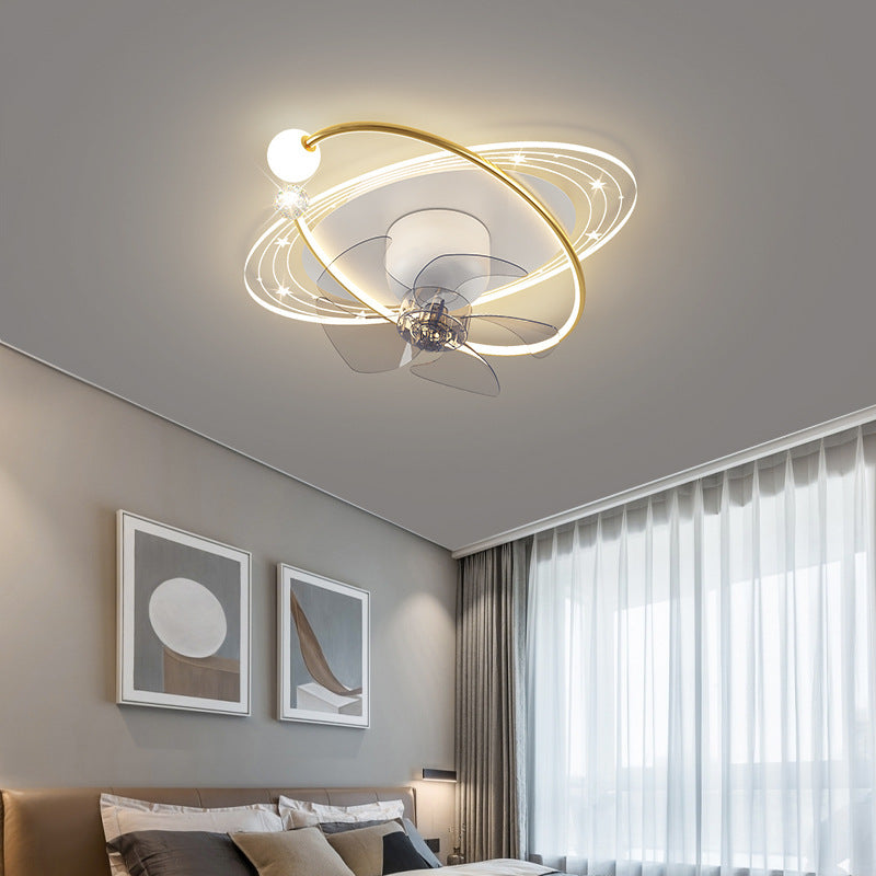 Contemporary Nordic Flush Mount Ceiling Fan Light – 5 Blade Orb Iron Acrylic LED for Bedroom