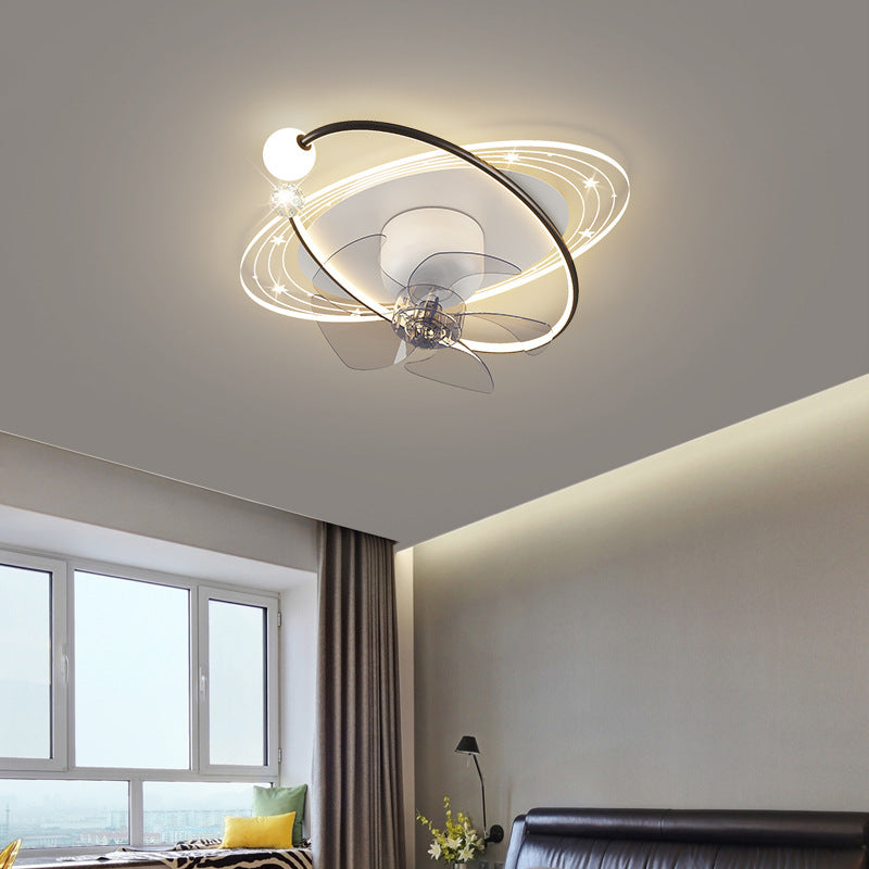 Contemporary Nordic Flush Mount Ceiling Fan Light – 5 Blade Orb Iron Acrylic LED for Bedroom