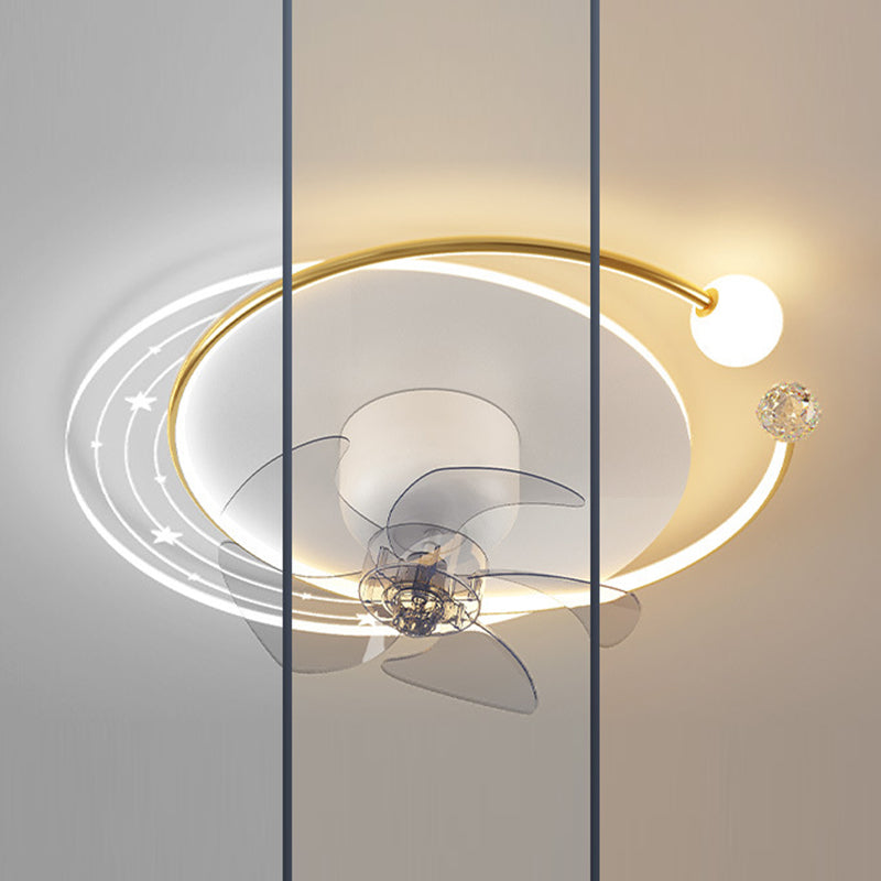 Contemporary Nordic Flush Mount Ceiling Fan Light – 5 Blade Orb Iron Acrylic LED for Bedroom