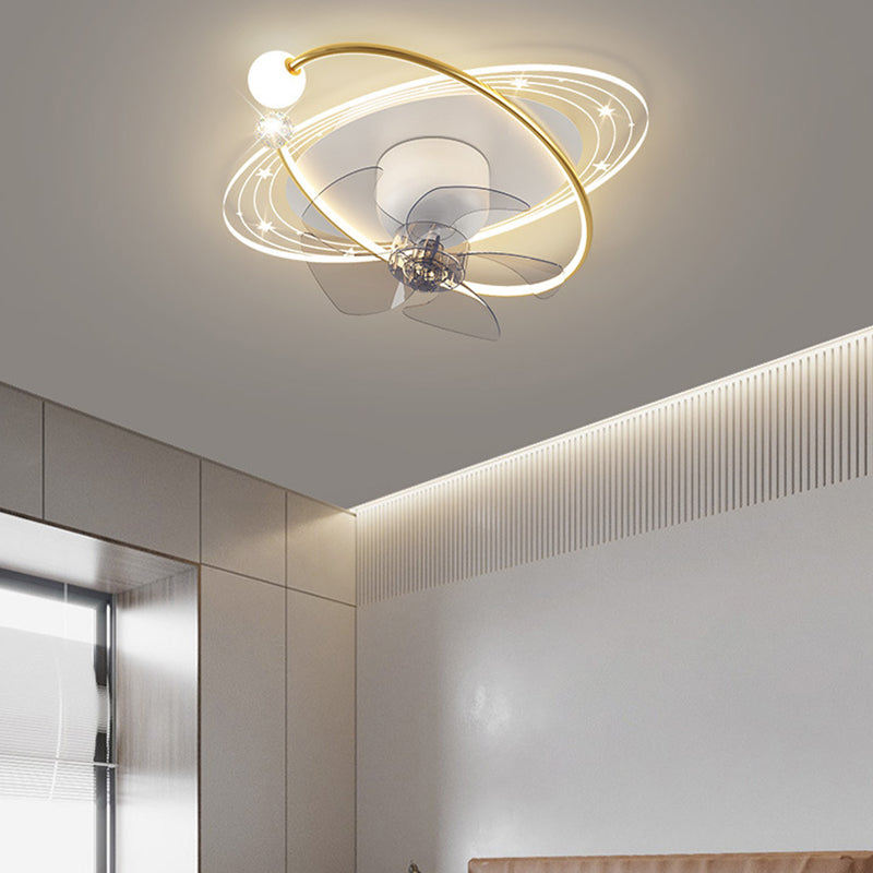 Contemporary Nordic Flush Mount Ceiling Fan Light – 5 Blade Orb Iron Acrylic LED for Bedroom