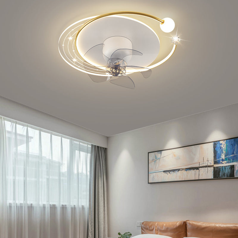 Contemporary Nordic Flush Mount Ceiling Fan Light – 5 Blade Orb Iron Acrylic LED for Bedroom