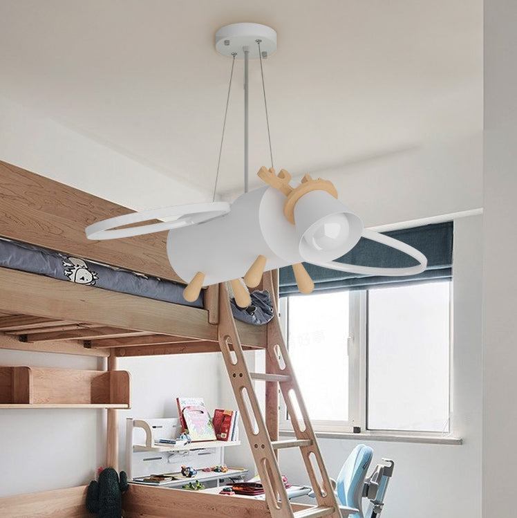 Contemporary Creative Flying Deer Round Wings Kids Iron Wood Aluminum LED Chandelier Bedroom Lighting Fixture Elegant Nursery Decor Modern Kids Room Ceiling Light Stylish Bedroom Decoration Unique Animal Design Kids Chandelier Customizable Lighting Kids B