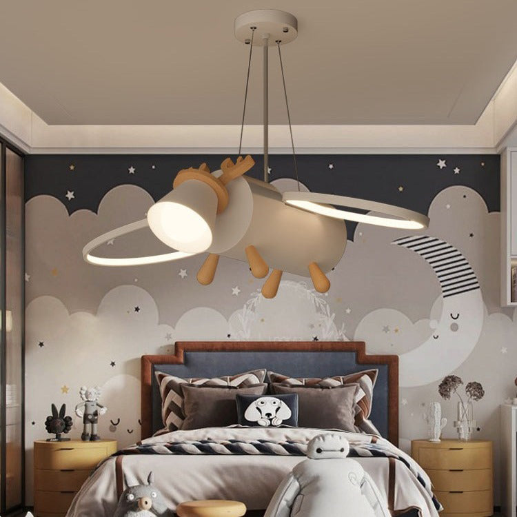 Contemporary Creative Flying Deer Round Wings Kids Iron Wood Aluminum LED Chandelier Bedroom Lighting Fixture Elegant Nursery Decor Modern Kids Room Ceiling Light Stylish Bedroom Decoration Unique Animal Design Kids Chandelier Customizable Lighting Kids B