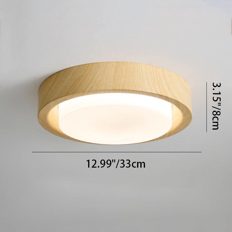 Contemporary Nordic Round Wood Iron Glass LED Flush Mount Ceiling Light for Hallways