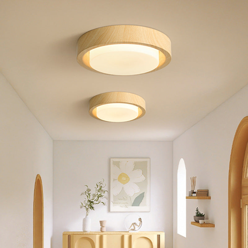 Contemporary Nordic Round Wood Iron Glass LED Flush Mount Ceiling Light for Hallways