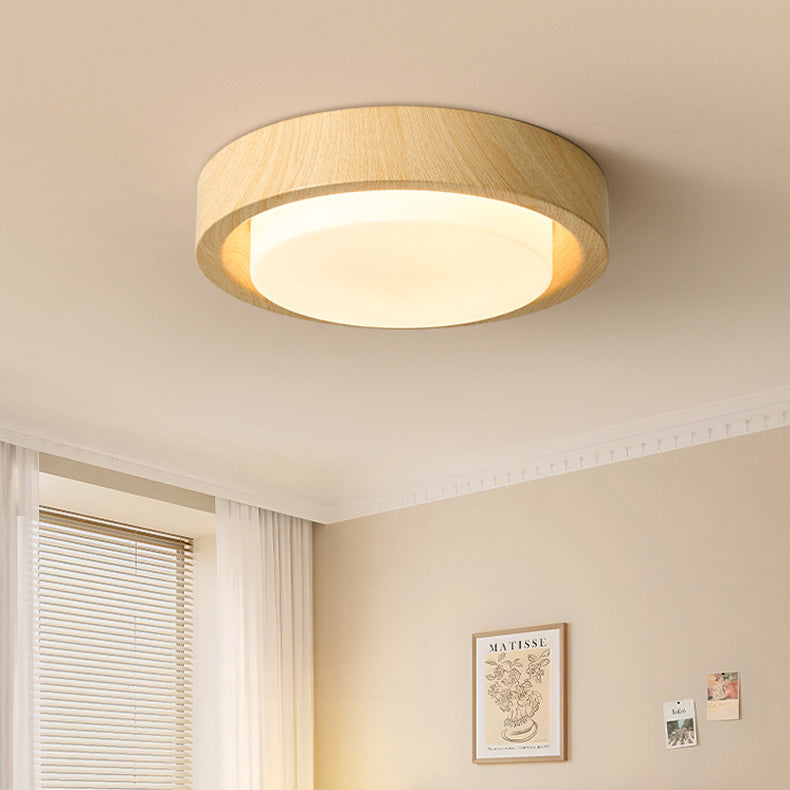 Contemporary Nordic Round Wood Iron Glass LED Flush Mount Ceiling Light for Hallways