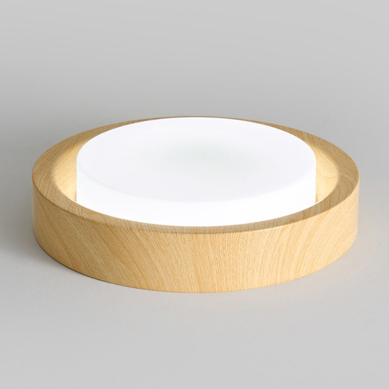Contemporary Nordic Round Wood Iron Glass LED Flush Mount Ceiling Light for Hallways