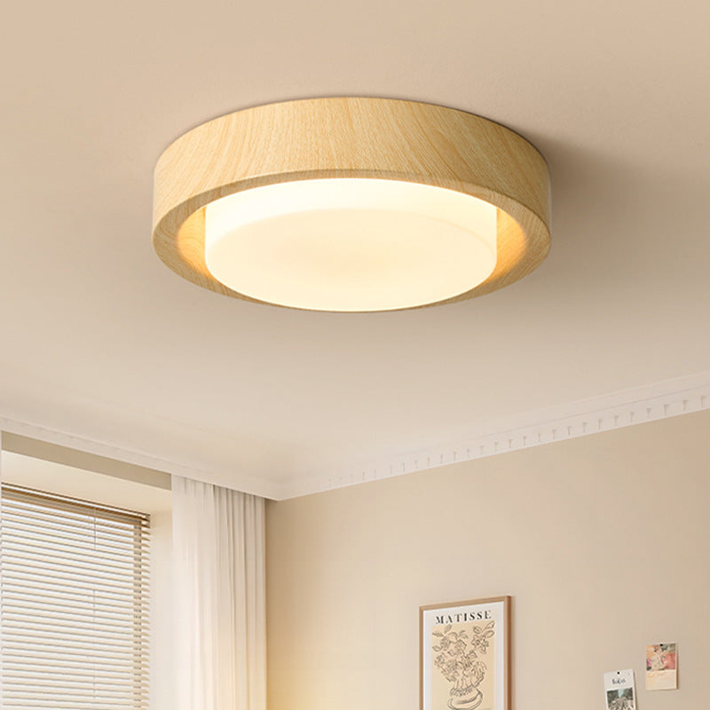 Contemporary Nordic Round Wood Iron Glass LED Flush Mount Ceiling Light for Hallways