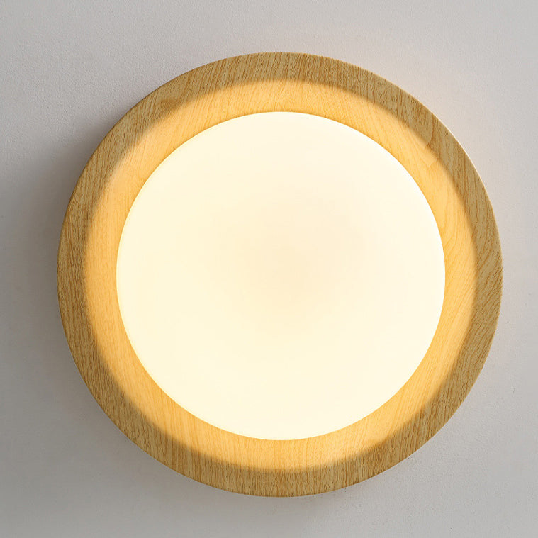 Contemporary Nordic Round Wood Iron Glass LED Flush Mount Ceiling Light for Hallways