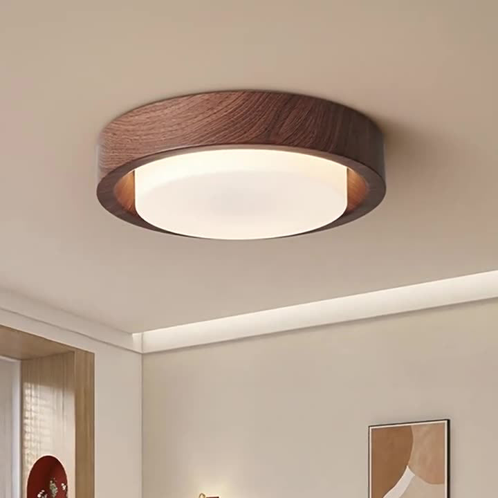 Contemporary Nordic Round Wood Iron Glass LED Flush Mount Ceiling Light for Hallways