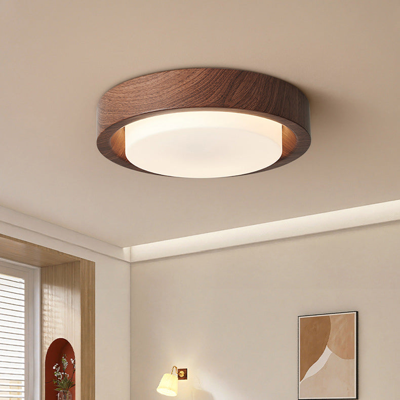 Contemporary Nordic Round Wood Iron Glass LED Flush Mount Ceiling Light for Hallways