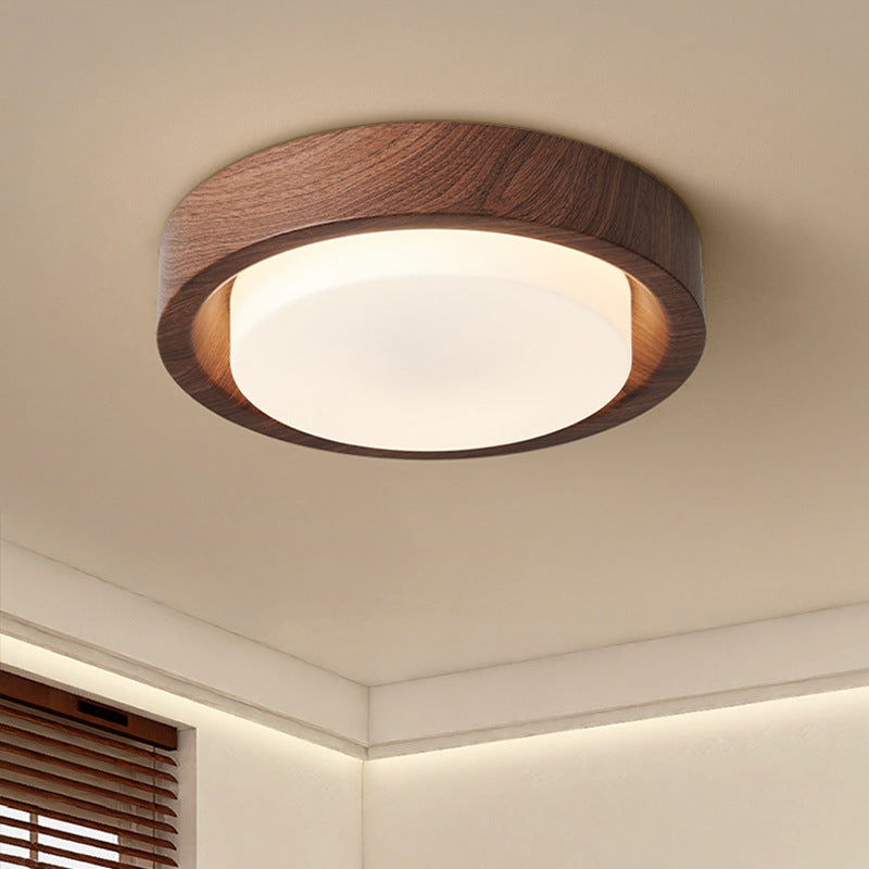 Contemporary Nordic Round Wood Iron Glass LED Flush Mount Ceiling Light for Hallways
