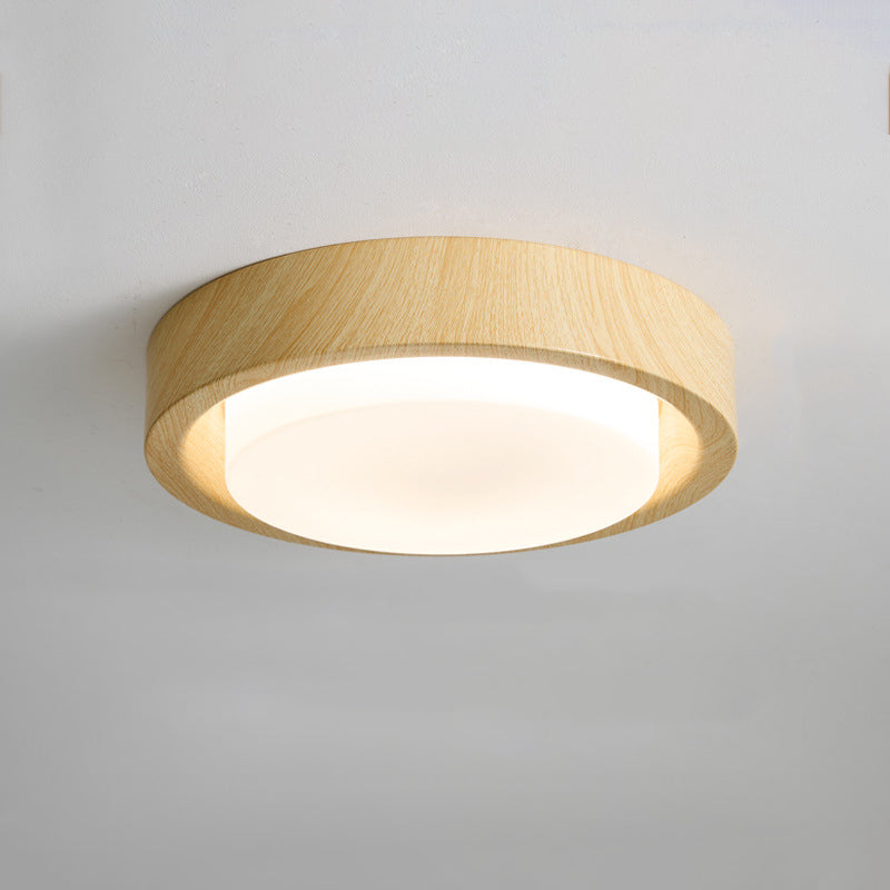 Contemporary Nordic Round Wood Iron Glass LED Flush Mount Ceiling Light for Hallways