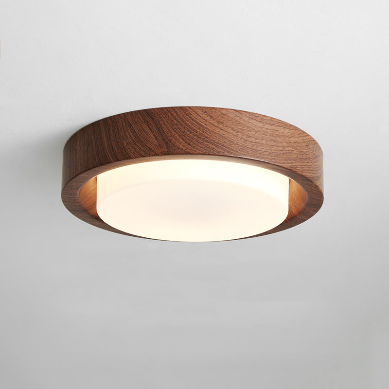 Contemporary Nordic Round Wood Iron Glass LED Flush Mount Ceiling Light for Hallways