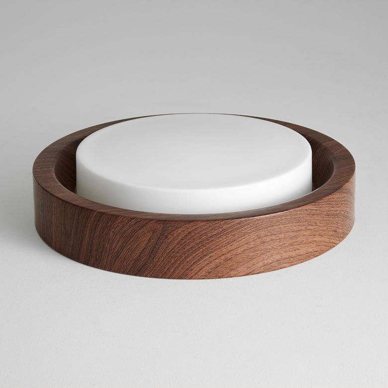 Contemporary Nordic Round Wood Iron Glass LED Flush Mount Ceiling Light for Hallways
