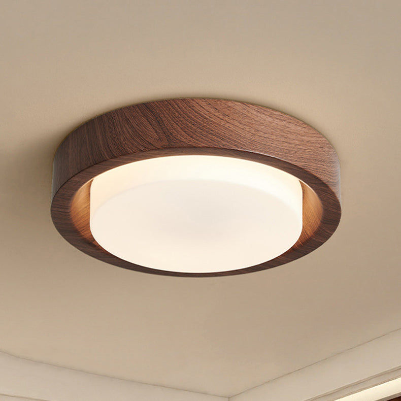 Contemporary Nordic Round Wood Iron Glass LED Flush Mount Ceiling Light for Hallways
