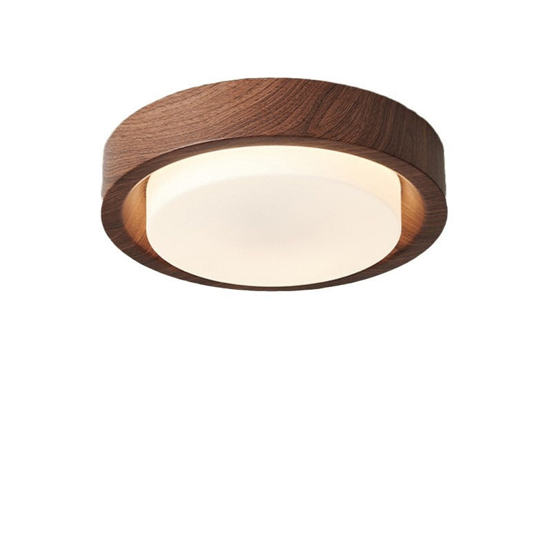 Contemporary Nordic Round Wood Iron Glass LED Flush Mount Ceiling Light for Hallways