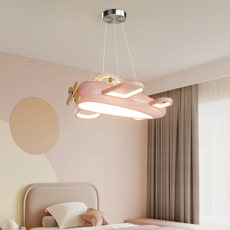 Contemporary Aircraft-Inspired Wrought Iron Pendant Light for Kids Bedroom, LED Solid Wood Ceiling Light, Creative Kids Room Lighting, Modern Airplane Design, Unique & Stylish Children’s Lighting, Bedroom Décor Ideas, Adjustable Height Kids Lights