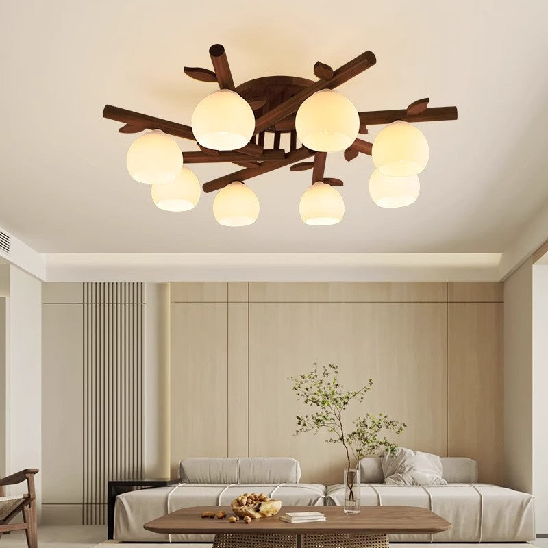 Traditional Japanese Round Fan Semi-Flush Mount Ceiling Light - 3/5/8 Light for Living Room