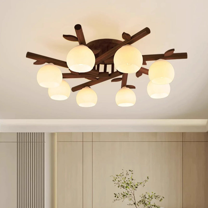 Traditional Japanese Round Fan Semi-Flush Mount Ceiling Light - 3/5/8 Light for Living Room