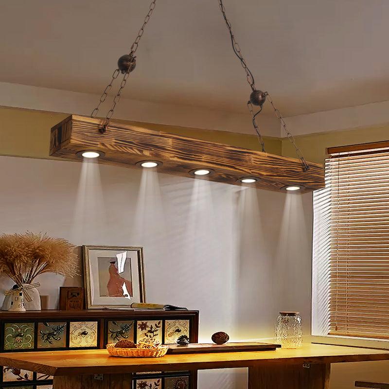 Vintage Rectangular Iron Wood LED Island Light Chandelier for Dining Room