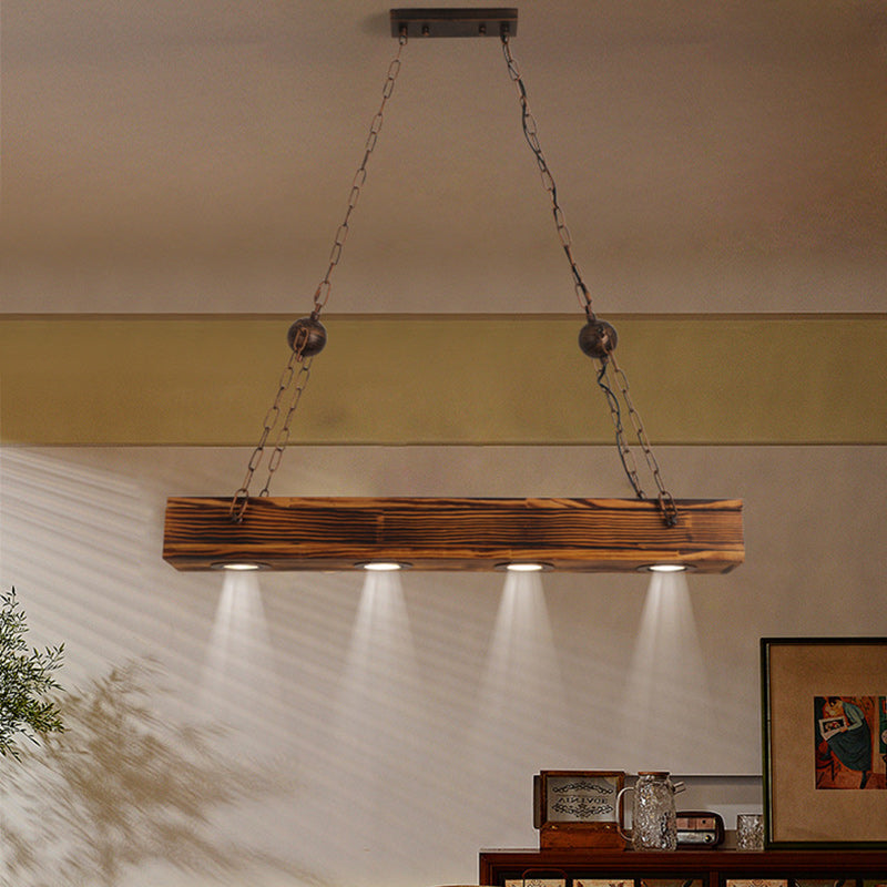 Vintage Rectangular Iron Wood LED Island Light Chandelier for Dining Room