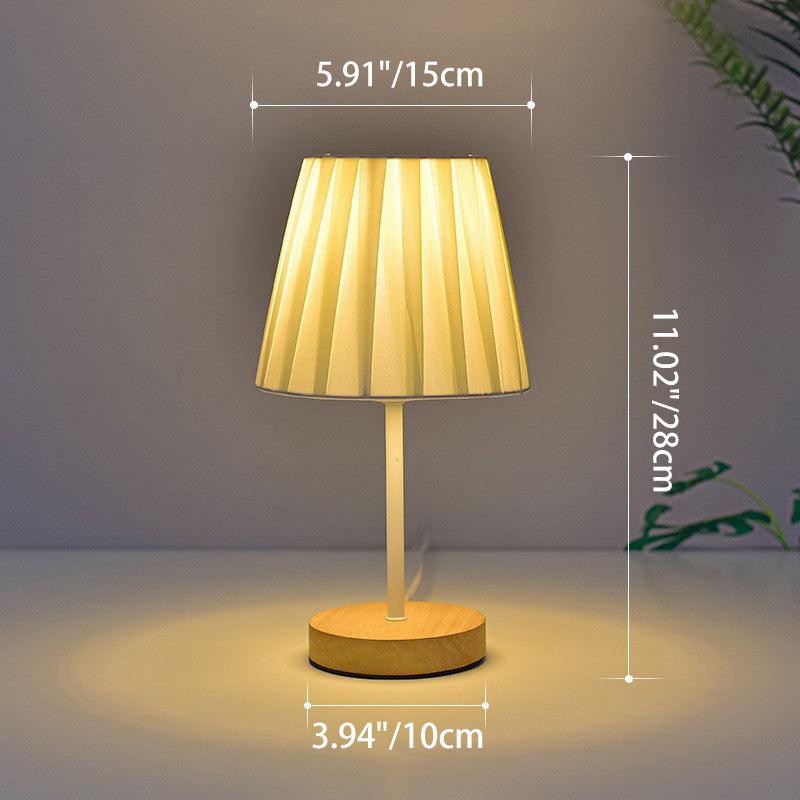 Modern Minimalist Trapezoidal Solid Wood Fabric LED Table Lamp for Bedroom, Contemporary Nightstand Light, Stylish Home Decor, Warm White Lighting, Eco-Friendly Design, Adjustable Brightness, Bedroom Lighting, Scandinavian Style Lamp, Chic Bedroom Accesso