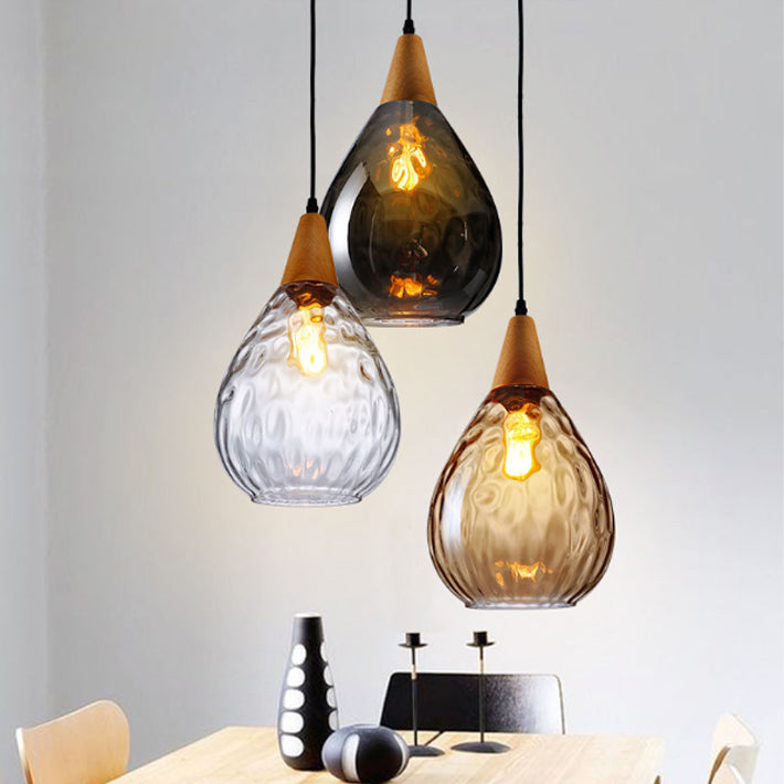 Modern Minimalist Water Drop Pendant Light - Glass & Wood 1-Light for Dining Room