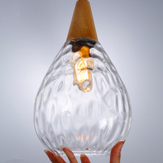 Modern Minimalist Water Drop Pendant Light - Glass & Wood 1-Light for Dining Room