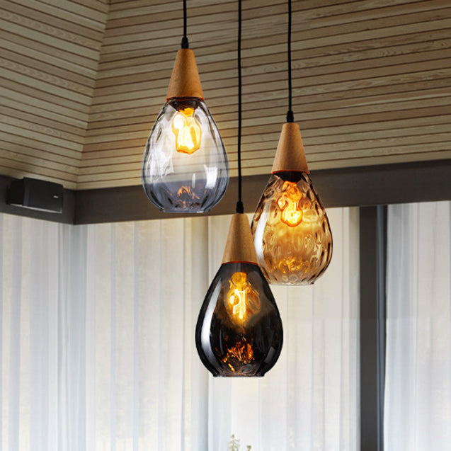 Modern Minimalist Water Drop Pendant Light - Glass & Wood 1-Light for Dining Room