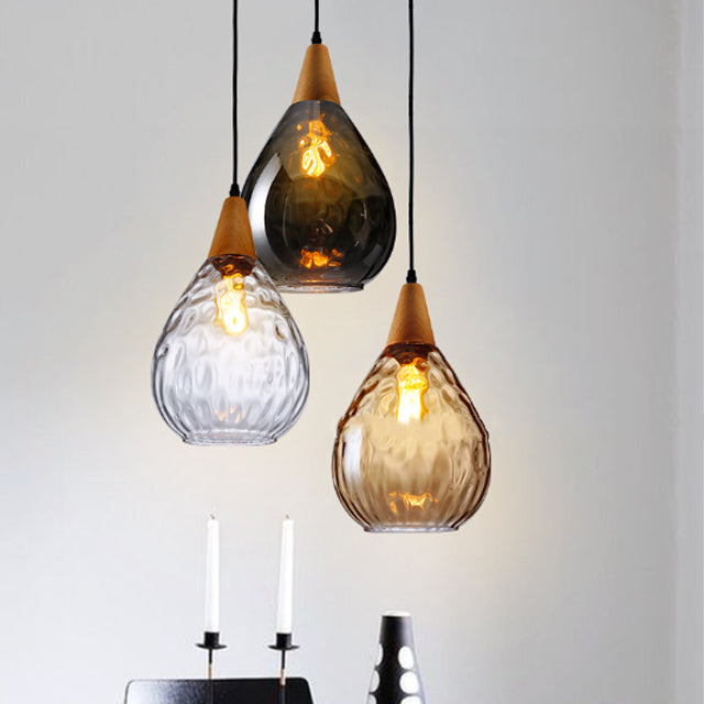 Modern Minimalist Water Drop Pendant Light - Glass & Wood 1-Light for Dining Room