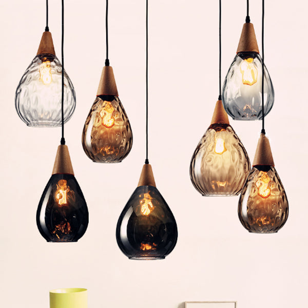 Modern Minimalist Water Drop Pendant Light - Glass & Wood 1-Light for Dining Room