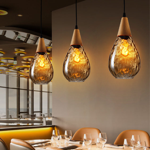Modern Minimalist Water Drop Pendant Light - Glass & Wood 1-Light for Dining Room