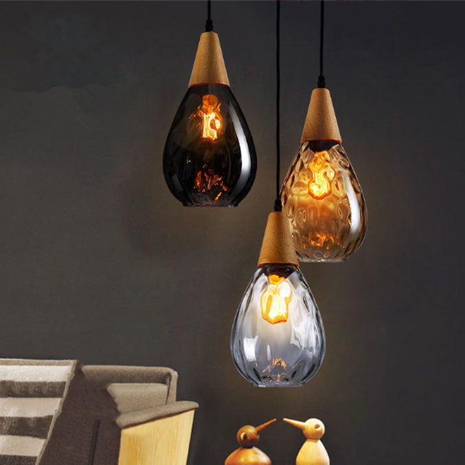 Modern Minimalist Water Drop Pendant Light - Glass & Wood 1-Light for Dining Room