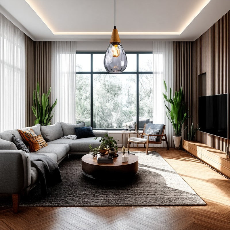 Modern Minimalist Water Drop Pendant Light - Glass & Wood 1-Light for Dining Room
