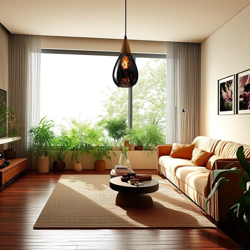 Modern Minimalist Water Drop Pendant Light - Glass & Wood 1-Light for Dining Room