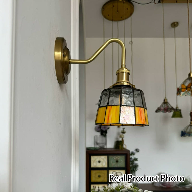 Traditional Tiffany Round Copper Glass Wall Sconce Lamp for Living Room