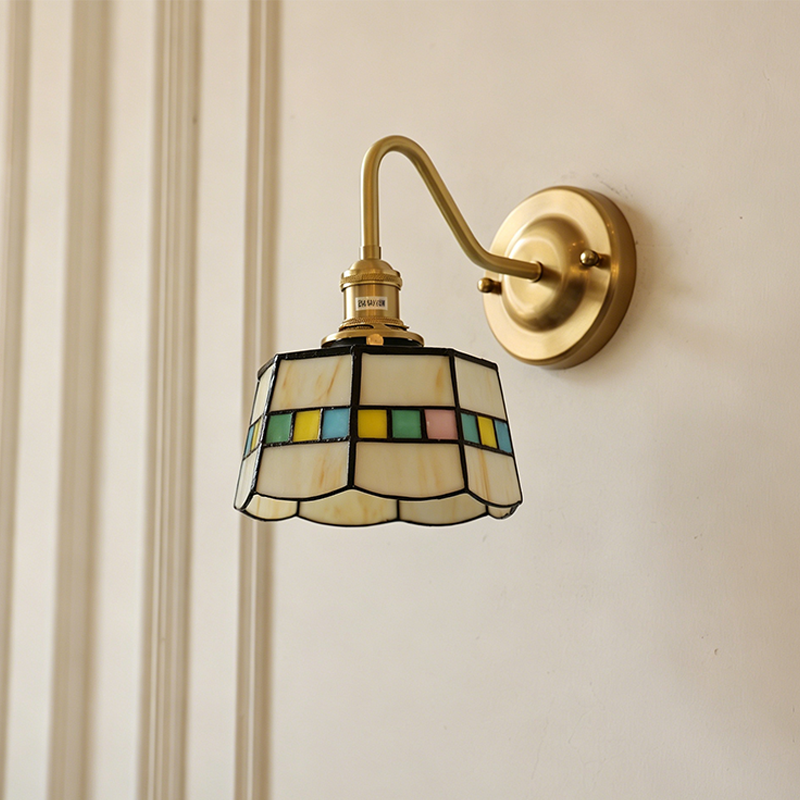 Traditional Tiffany Round Copper Glass Wall Sconce Lamp for Living Room