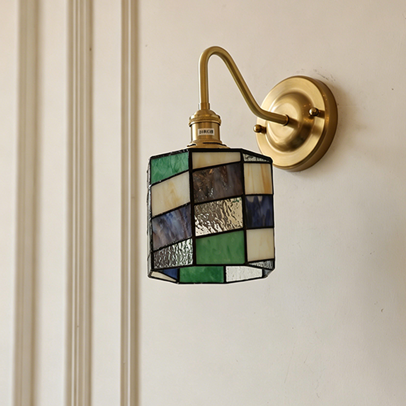 Traditional Tiffany Round Copper Glass Wall Sconce Lamp for Living Room