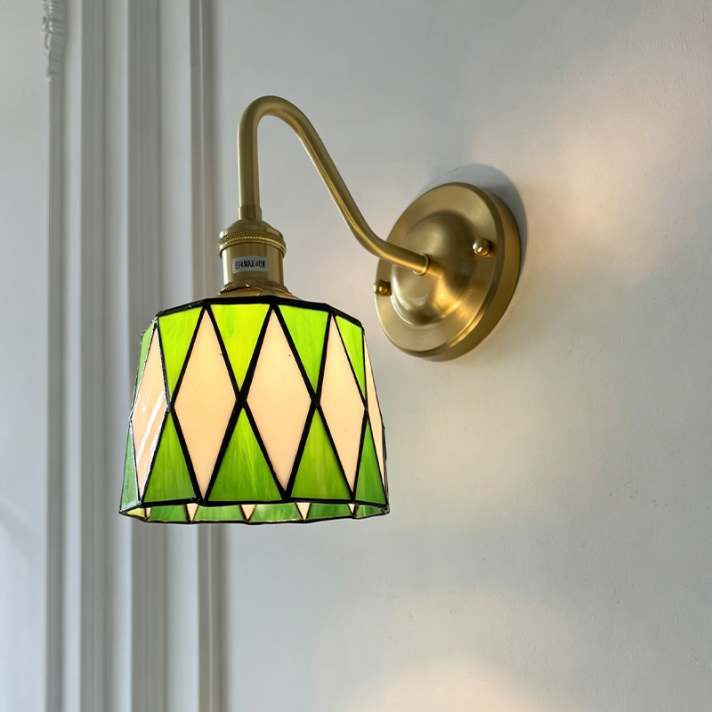Traditional Tiffany Round Copper Glass Wall Sconce Lamp for Living Room