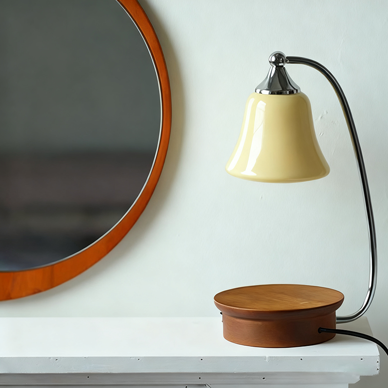 Contemporary Nordic Glass Bell Shade Table Lamp with Solid Wood Base, 1-Light Melting Wax Design for Bedroom, Modern Home Decor, Stylish Lighting Fixture, Elegant Nightstand Lamp, Minimalist Bedroom Accessory
